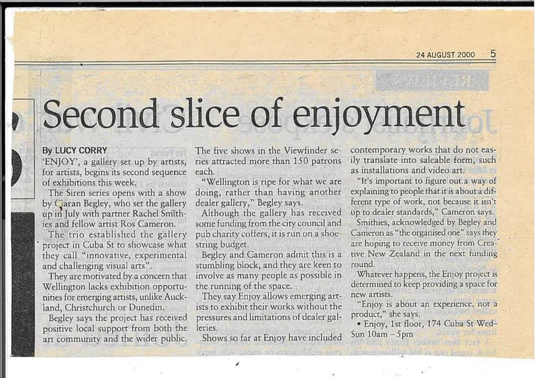 Lucy Corry, ‘Second slice of Enjoyment’, City Voice, 24 August 2000.   