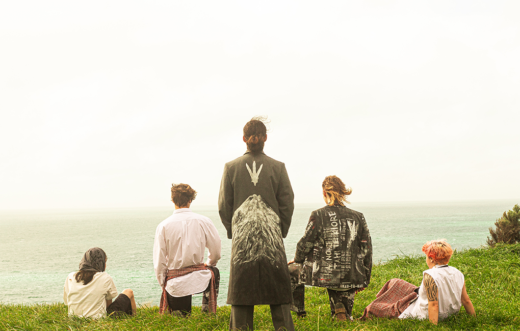 Vince Ropitini, The Art of Passive Resistance, 2023. Models L-R - Eva Hakaraia, Israel Thomas, Taimana Stone, Raniera Robin, Gala Baumfield. Photograph by Renati Waaka.