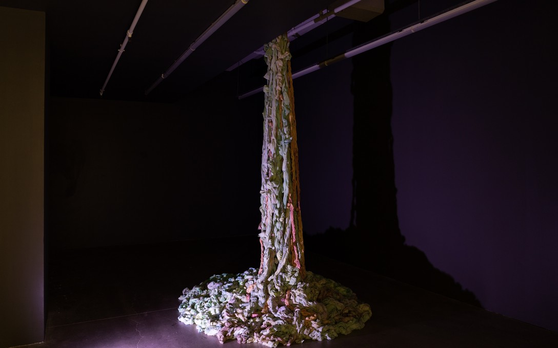 maybe i'm just like a gust of wind, Wesley John Fourie, 2023, 1/1 scale model of Mount Kaukau (arm knitted cotton, acrylic dyes) 445 metres; audio poem, 2 minutes 46 seconds. Photo courtesy of Cheska Brown.