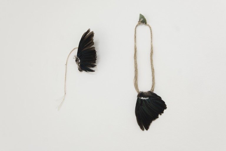 Arawhetu Berdinner, Tāraro tūī - hair adornment, parirau tūī, muka, aute/tapa kōkōwai/preserved tūī wing, flax fibre cordage, barkcloth, earth pigment, 2026 & Tuia, parirau tūī, kōkōwai, muka, inanga pounamu/preserved tūī wing, earth pigment, flax fibre cordage, nephrite jade, 2025. Photo by Samson Dell.