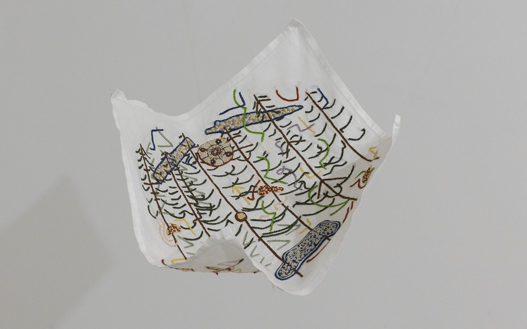 Areez Katki, Telemachus, 2021, cotton thread hand embroidery on muslin handkerchief. Image courtesy of Cheska Brown.
