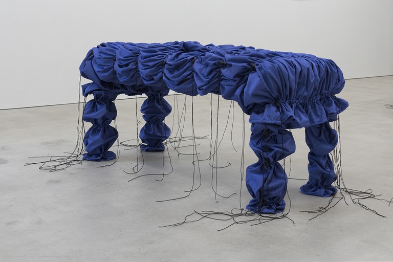 Lucy Meyle, Covered bench (Picnic), 2020, polyester fabric, plywood, elastic, togles, thread. Image courtesy of Cheska Brown.