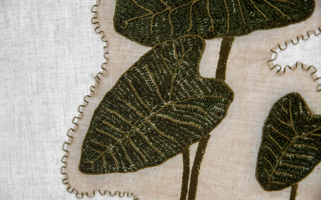 Quishile Charan, Dalo (detail), 2017, cotton, embroidery thread, shells. Image courtesy of Shaun Matthews.