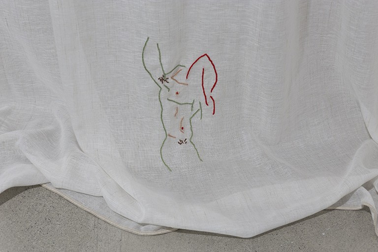 Areez Katki, Drapery, 2019, cotton and silk thread embroidery on 80% linen/20% cellulose textile, detail. Image courtesy of Cheska Brown.