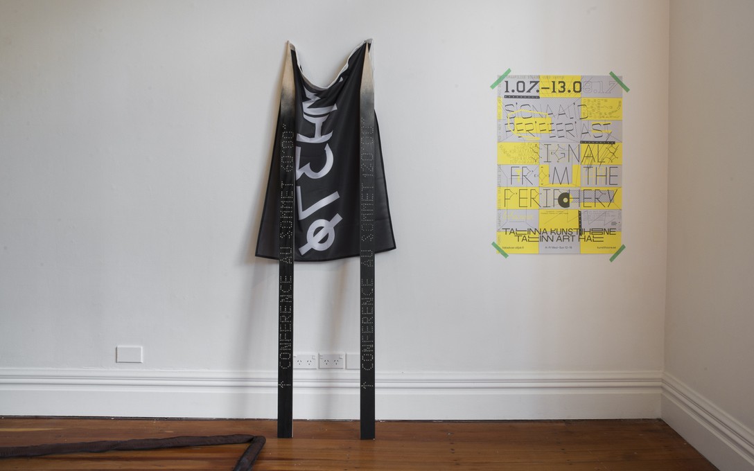 David Bennewith, I digress, 2017, 'Conference Au Sommet' signage designed by Lucie Humbert, MH37Ø flag designed by David Bennewith, 'Signals from the Periphery' poster designed by Jan Tomson. Image courtesy of Shaun Matthews.