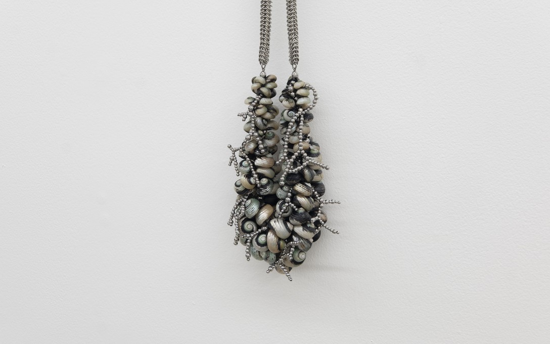 Bailey Gardner, Untitled #1, Pūpū shells, steel, nylon, fishing line, 2026, detail. Photo by Samson Dell.