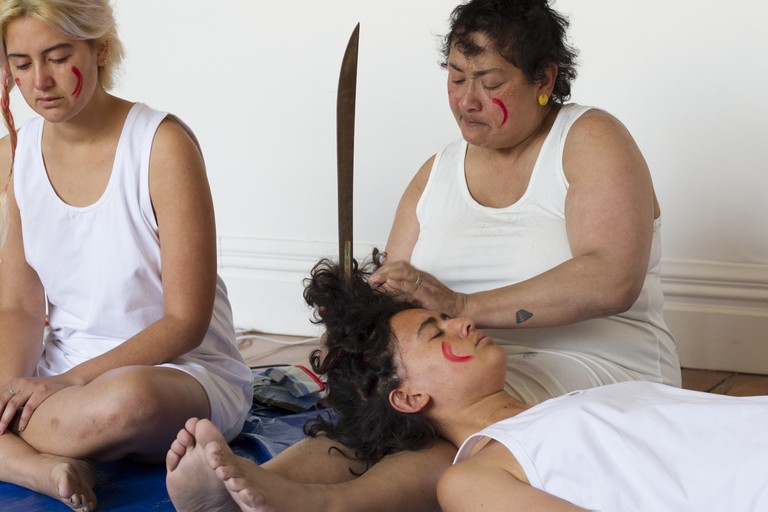 Faith, Leafa and Olive Wilson, Fili, 2015, performance, Enjoy Public Art Gallery. Image courtesy of Harry Culy.