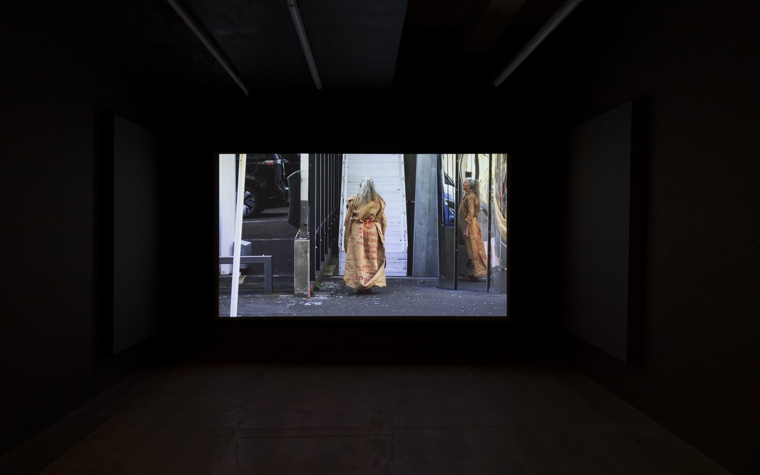 Fiona Clark, What would this space look like without fossil fuel company sponsorship? 8am 10 August 2025, New Plymouth. Performance documentation: 03:30. Installation view. Courtesy of Cheska Brown.