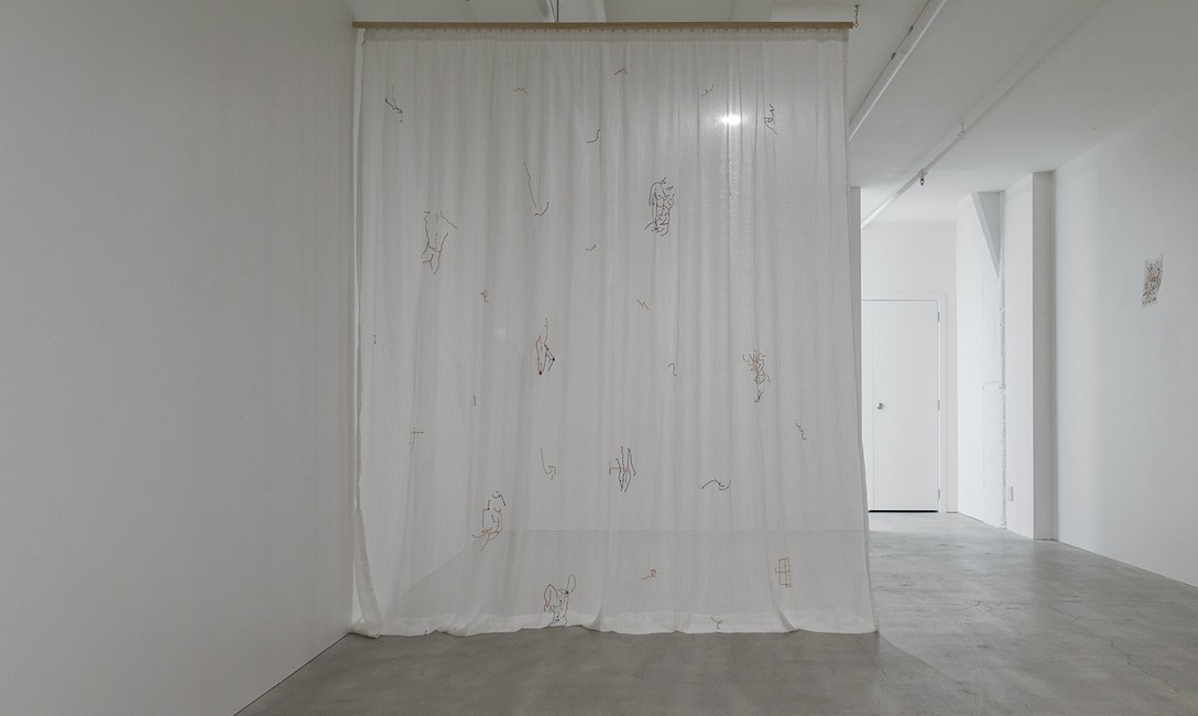 Areez Katki, Drapery, 2019, cotton, silk thread embroidery on 80% linen 20% cellulose textile. Image courtesy of Cheska Brown.